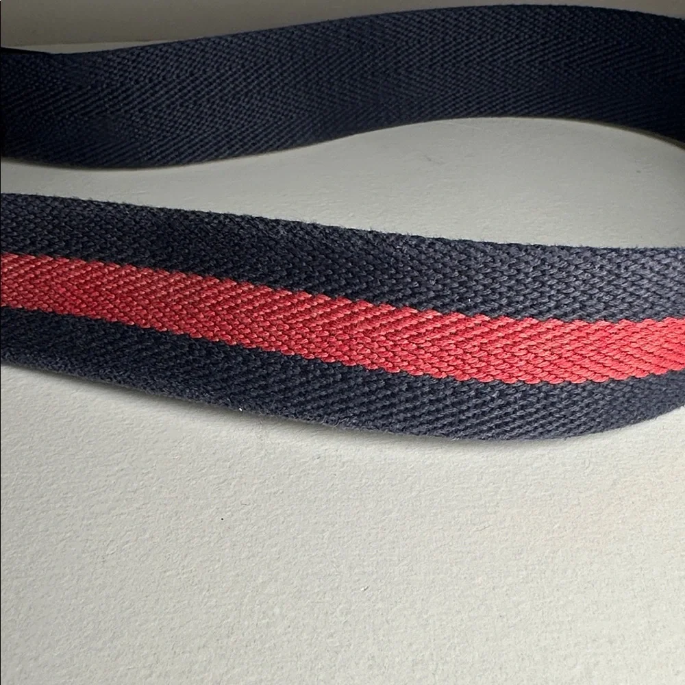 Coach Men's Brown Leather Belt with Navy and Red Stripe solid brass